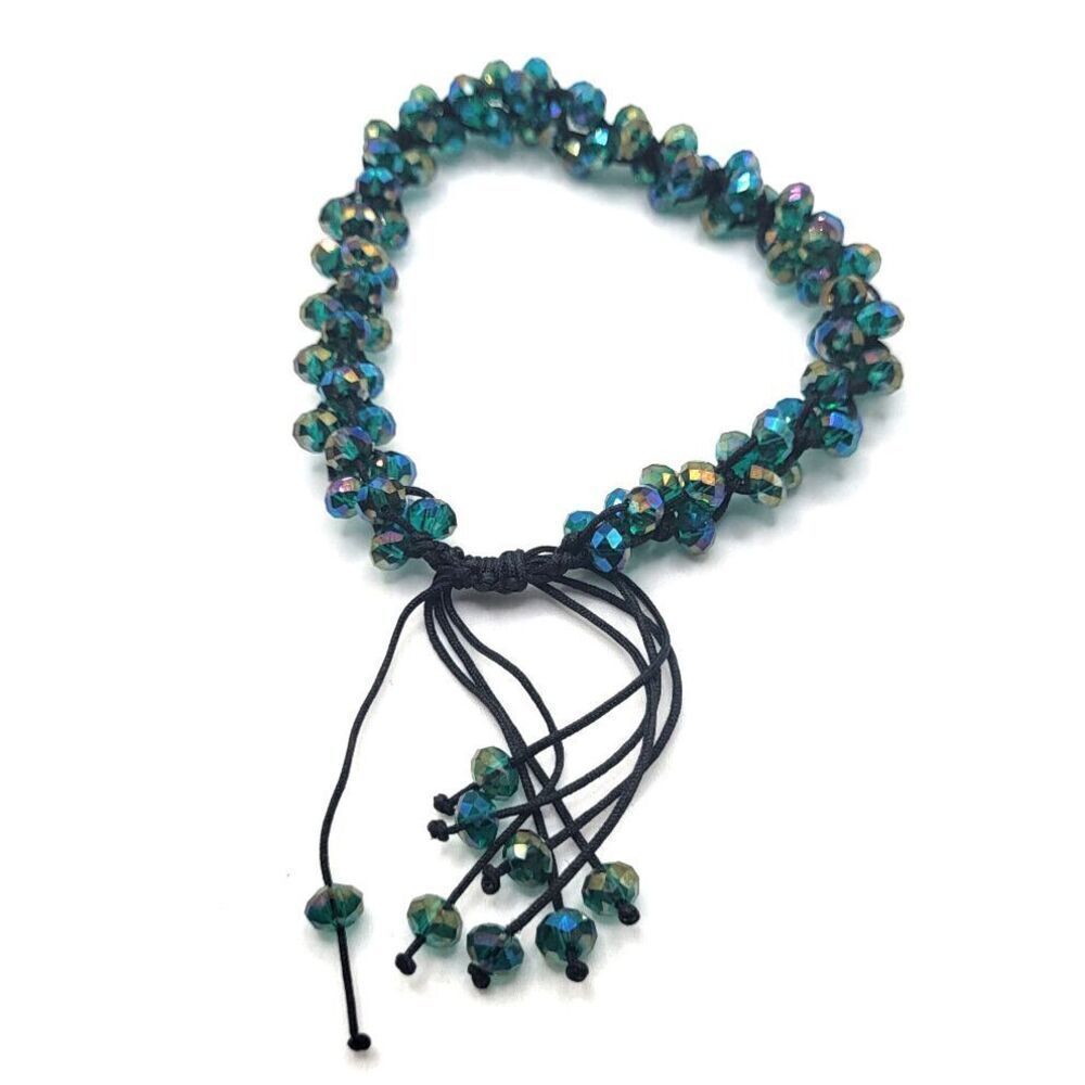 Crystal Emerald AB Peacock Rondelle Beads Iridescent Bracelet Slide Knot 8in